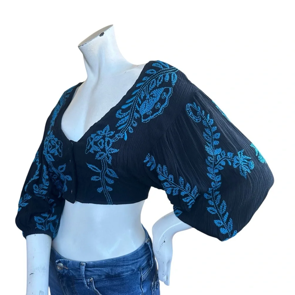 Free People Black Blue Gauze Embroidered Fairy Puff Sleeve Button Down Crop Top